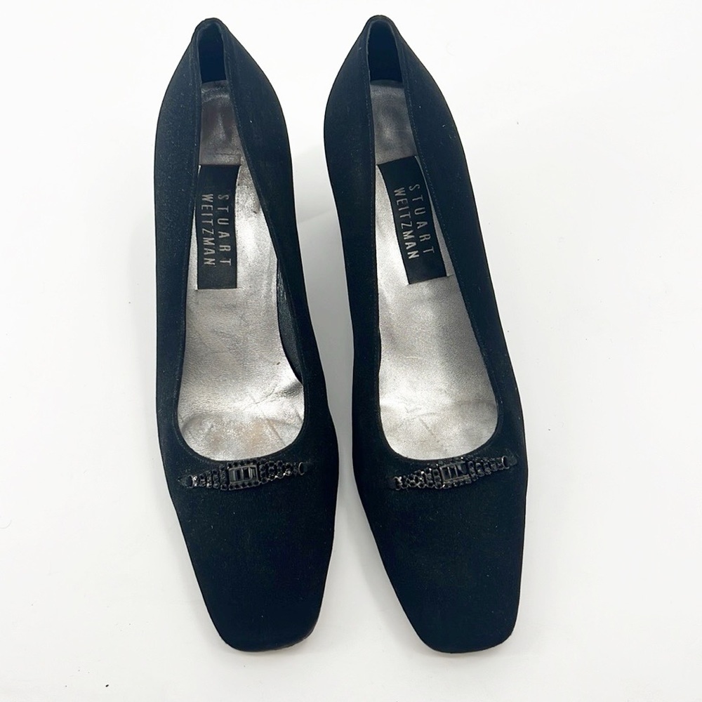 Stuart Weitzman Black Fabric Rhinestone Detail block heel size 9.5 Vintage - Picture 10 of 14